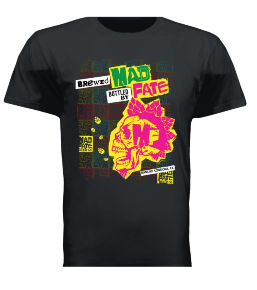 Black t-shirt with the Brewed and Bottled by Mad Fate skull poster print