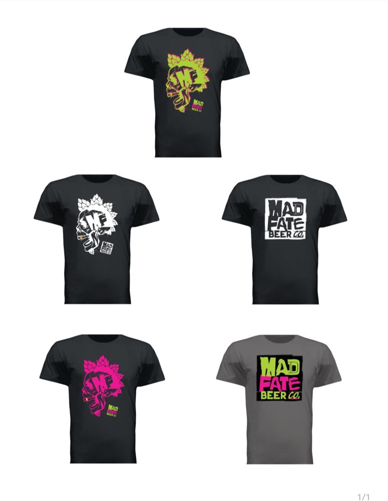 Five Mad Fate t-shirt concepts: color skull, white skull, box logo, pink skull, and color box logo